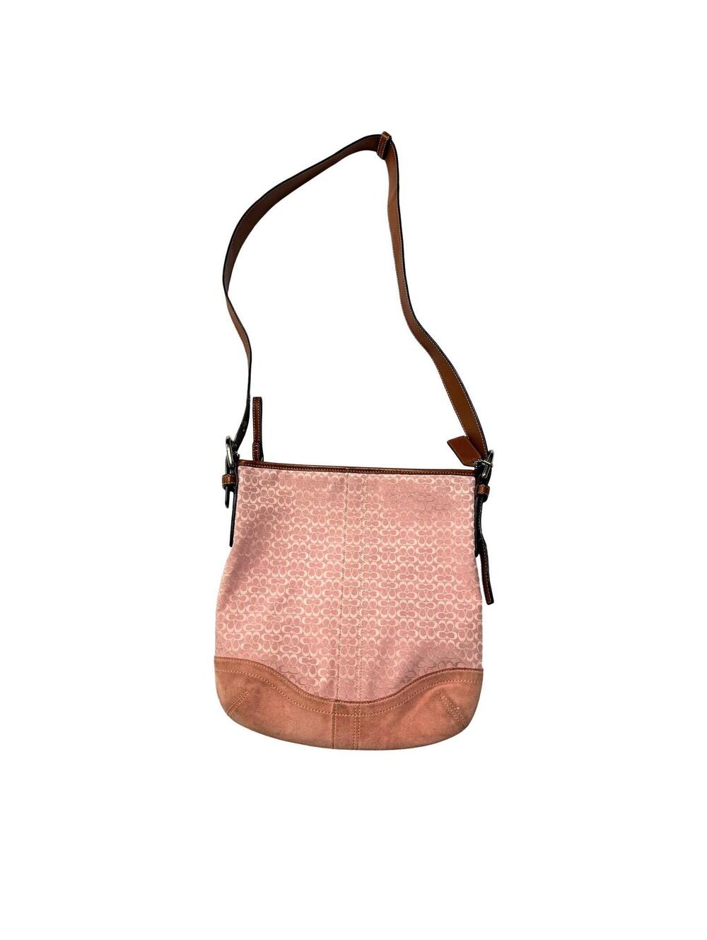Coach Pink Signature Jacquard bag Suede Trim Leather Strap Shoulder Purse Y2K
